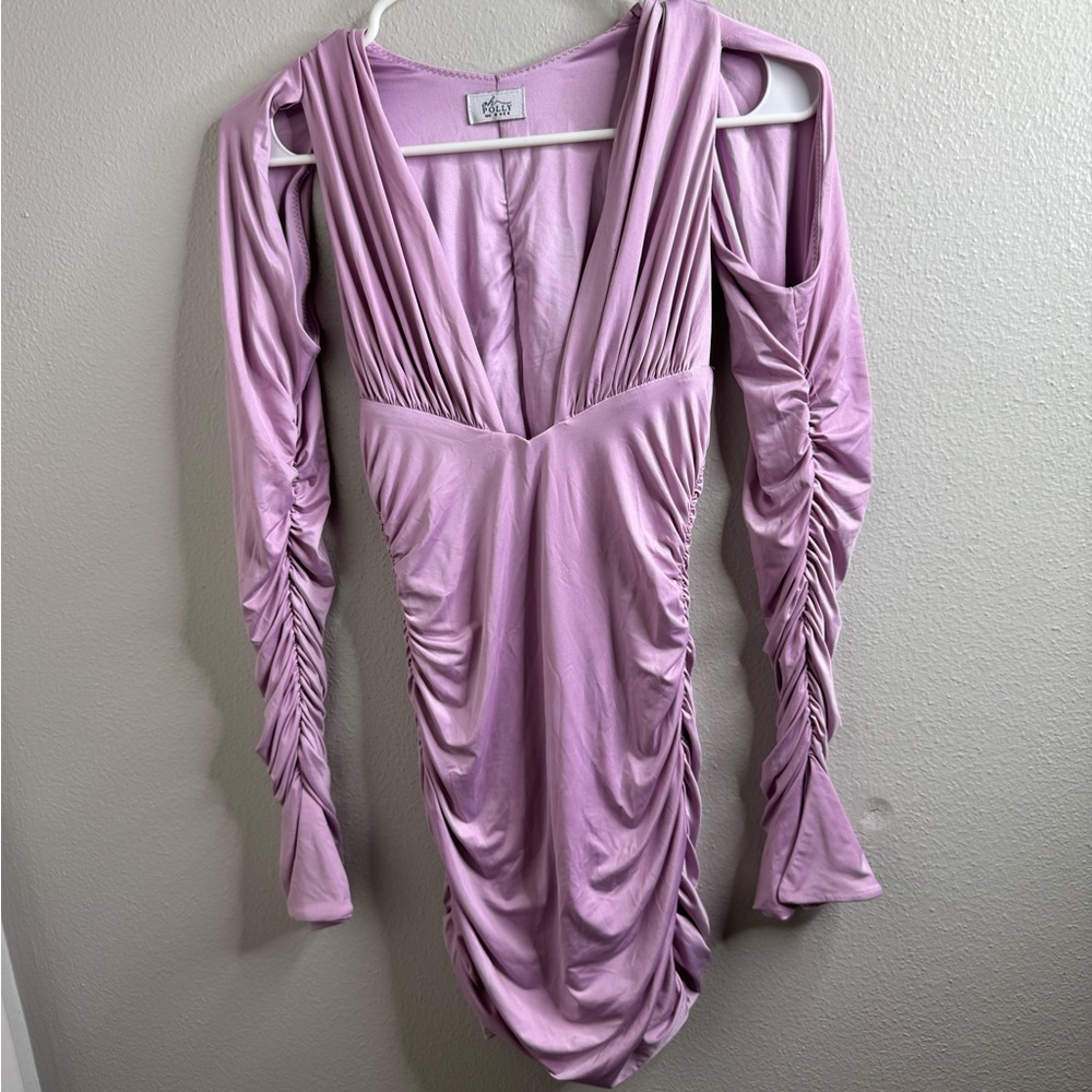 Oh Polly Lilac Asymmetrical Ruched Bodycon Dress